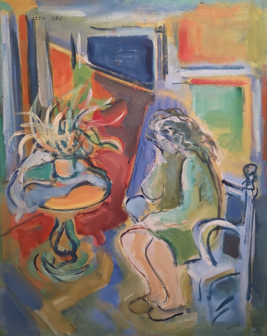 Painting by Matilde Izzia di Ricaldone with a seated figure, table, plant, and warm interior colors